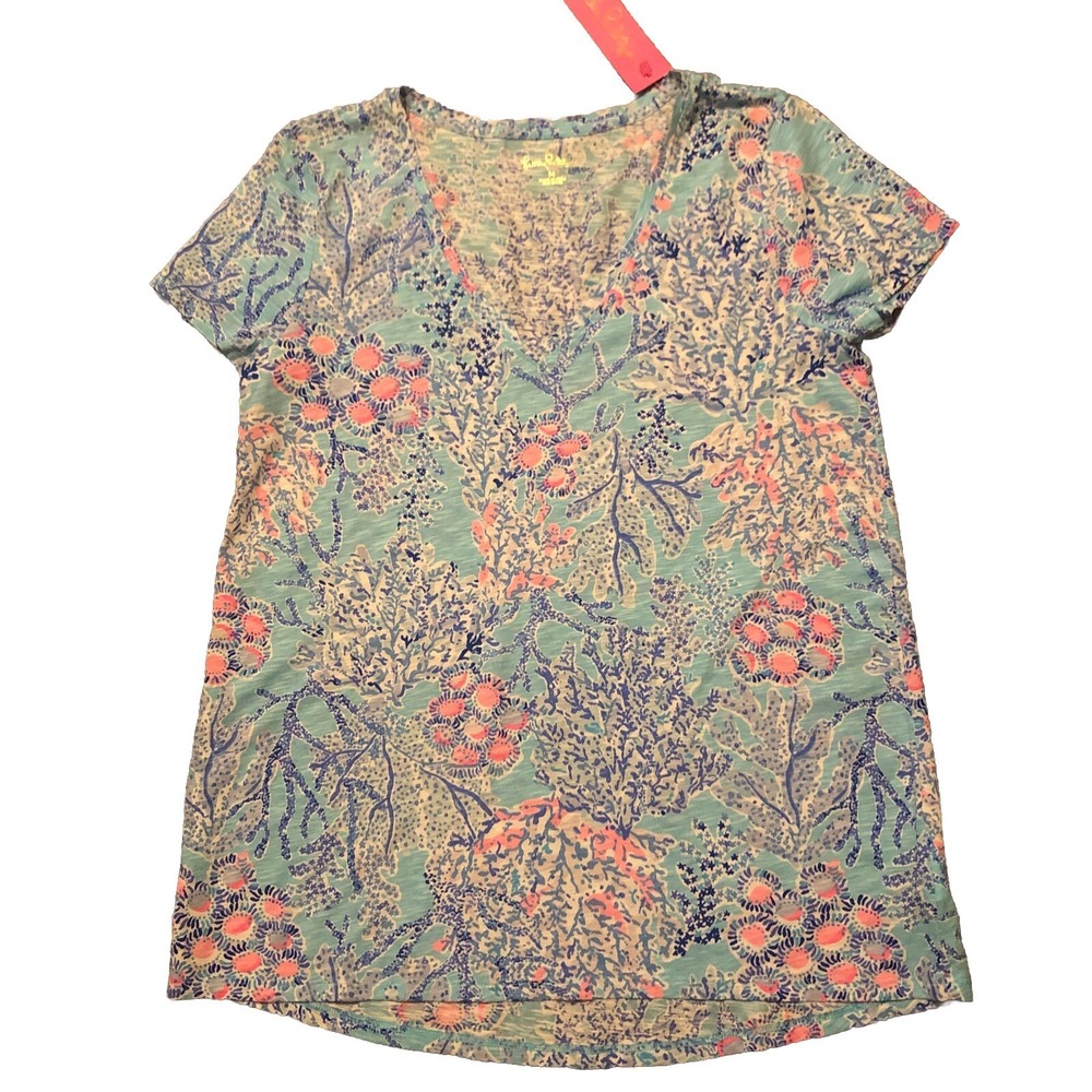 Lilly Pulitzer Etta V-Neck  Blue Ibiza Now You Sea Me Top T-Shirt Tee M NWT
